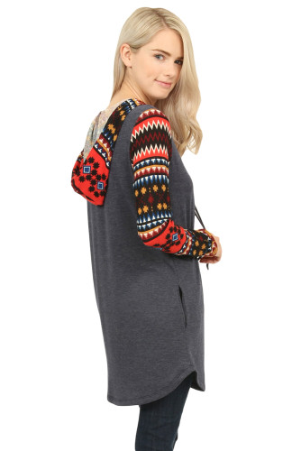Red Christmas Suede Deer Patch Aztec Sleeve Pocket Hoodie