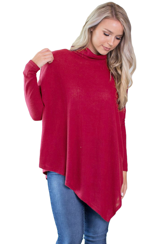 Burgundy Soft Faux Poncho High Neck Sweater