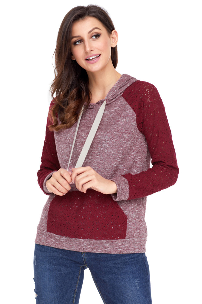 Purplish Red Lace Accent Kangaroo Pocket Hoodie