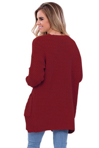 Red Long Open Front Pocket Cardigan