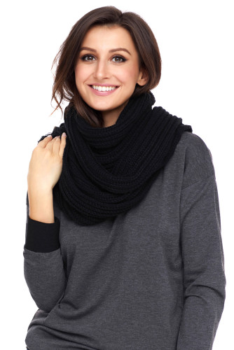 Black Pom Pom Ribbed Knit Scarf