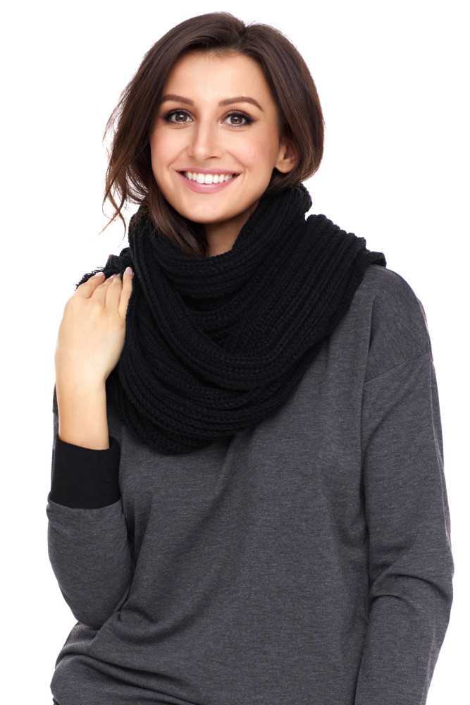 Black Pom Pom Ribbed Knit Scarf