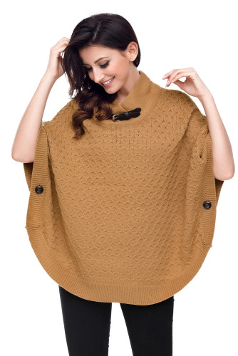 Khaki High Neck Waffle Knit Poncho
