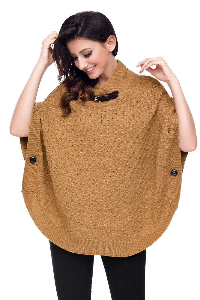 Khaki High Neck Waffle Knit Poncho