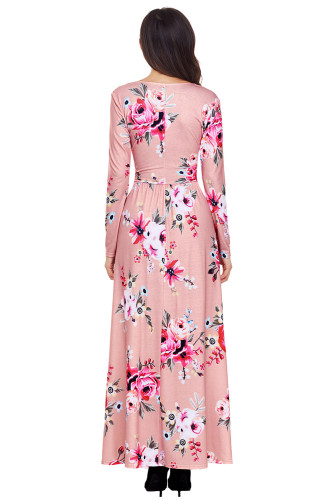 Mauve Floral Surplice Long Sleeve Maxi Boho Dress
