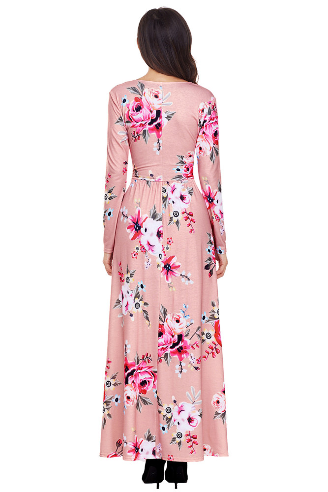 Mauve Floral Surplice Long Sleeve Maxi Boho Dress