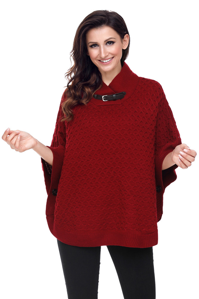 Burgundy High Neck Waffle Knit Poncho