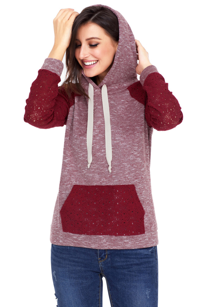 Purplish Red Lace Accent Kangaroo Pocket Hoodie