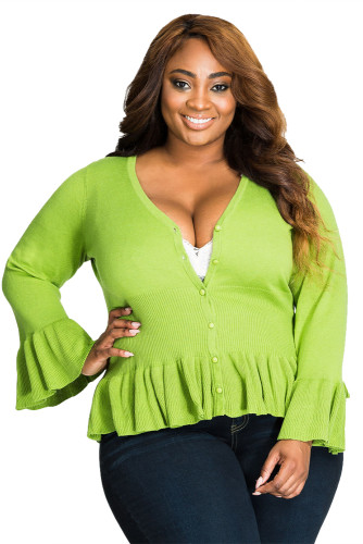 Green Ruffle Hem V Neck Plus Size Cardigan