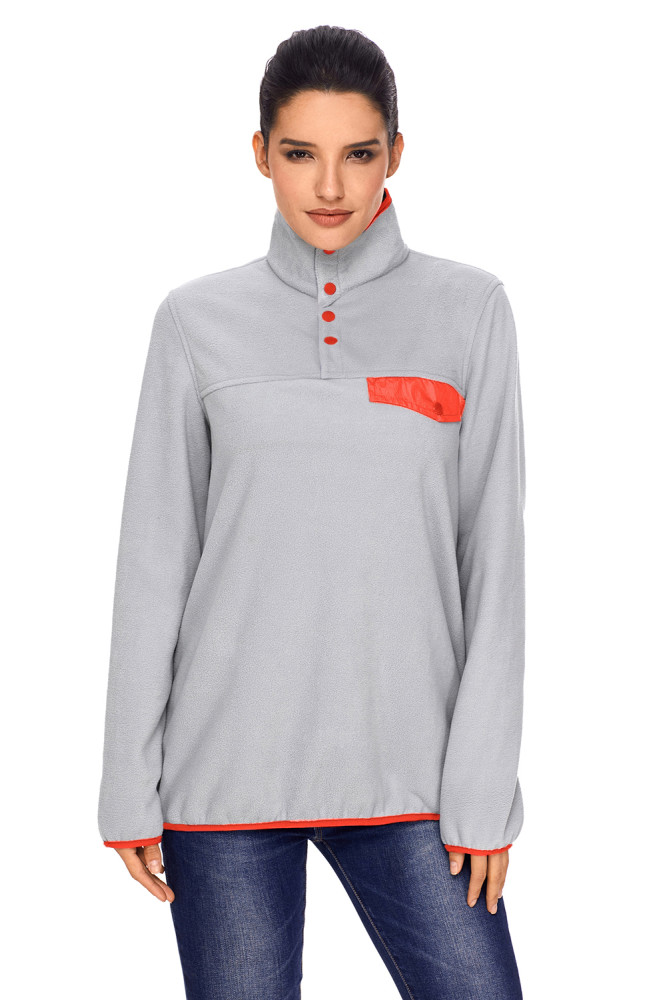 Orange Stand Collar Buttons Fleece Pullover Top