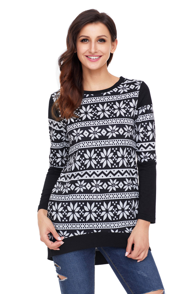 Black White Snowflake Print Long Sleeve Christmas Top