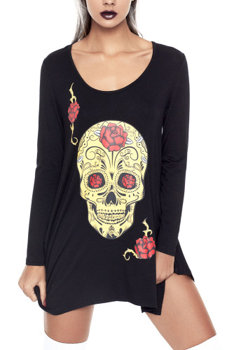 Black Handkerchief Hem Rose Skull Tunic Top