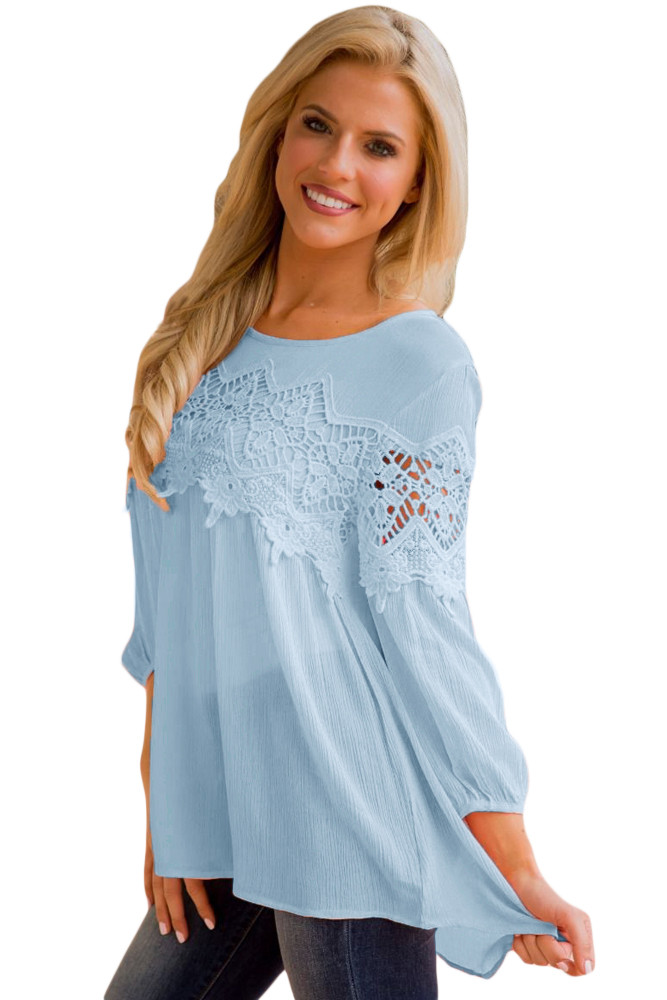 Light Blue Crochet Detail Long Sleeve Babydoll Top