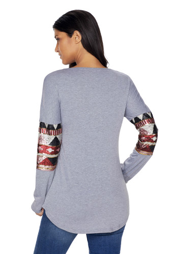 Gray Loose Sequin Christmas Reindeer Top