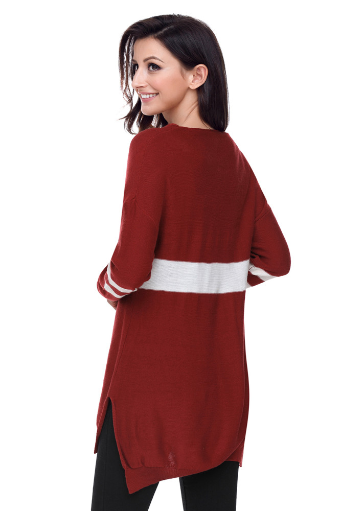White Strip Red V Neck Sweater