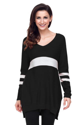 White Strip Black V Neck Sweater