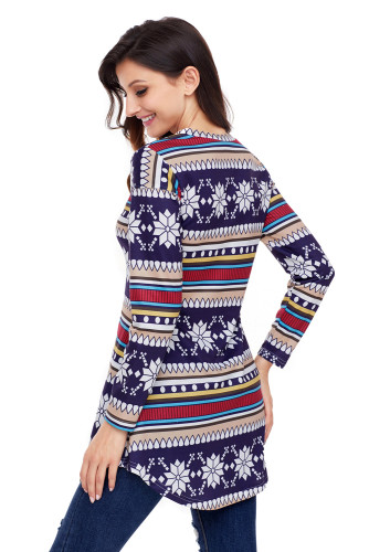 Navy Geometric Stripes Christmas Snowflake Blouse
