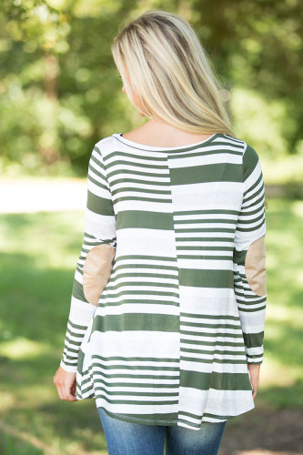 Olive Striped Patch Elbow Raglan Blouse