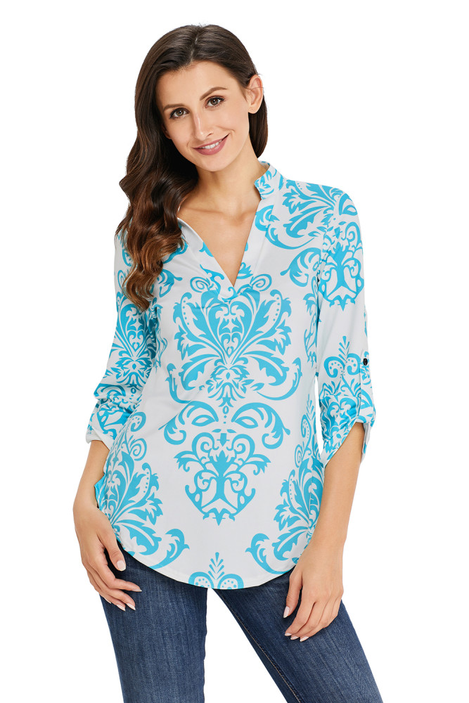 Blue Damask Print Slight Collar V Neck Blouse
