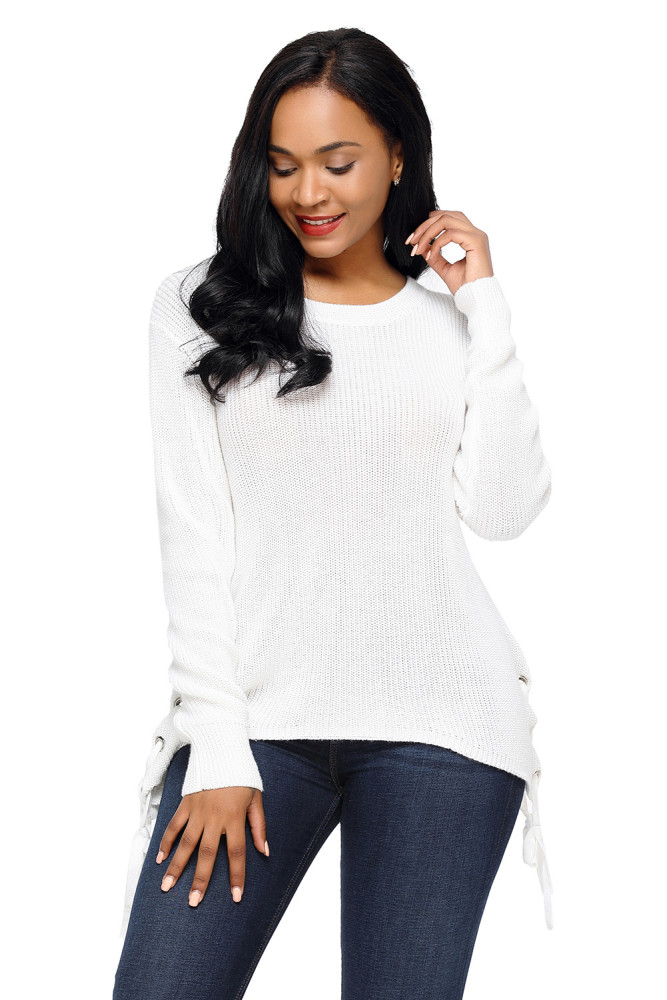 White Long Sleeve Lace up Sided Sweater