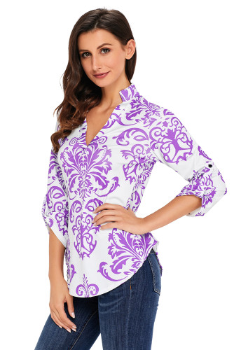 Purple Damask Print Slight Collar V Neck Blouse