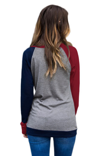 Wine Navy Splice Gray Long Sleeve Top