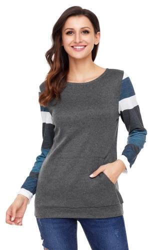 Multicolor Stripes Sleeve Pullover Dark Gray Sweatshirt