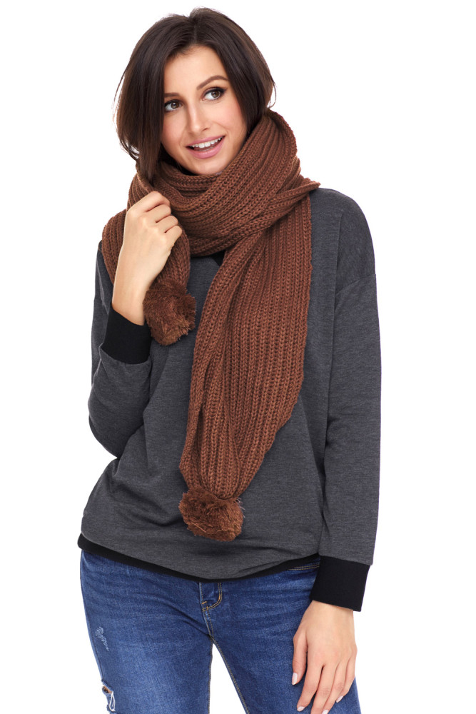 Brown Pom Pom Ribbed Knit Scarf