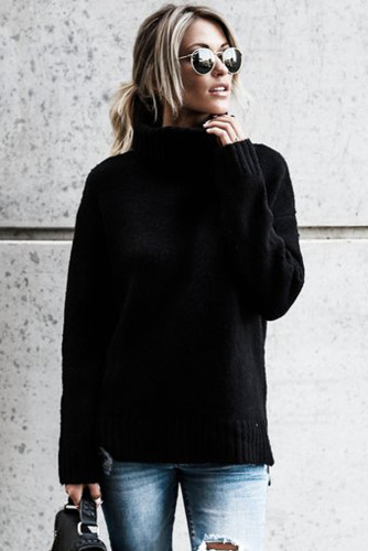Black Causal Knit High Neck Loose Sweater
