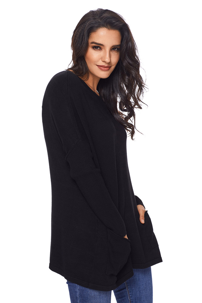 Black Oversize Fit Pocket Sweater Tunic