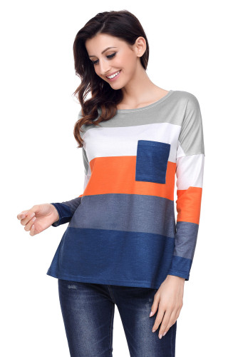 Orange Navy Colorblock Pocket Pullover Tunic Top