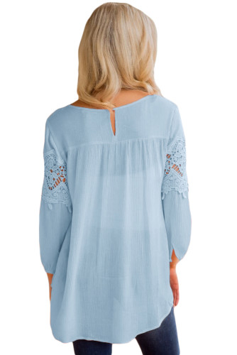 Light Blue Crochet Detail Long Sleeve Babydoll Top