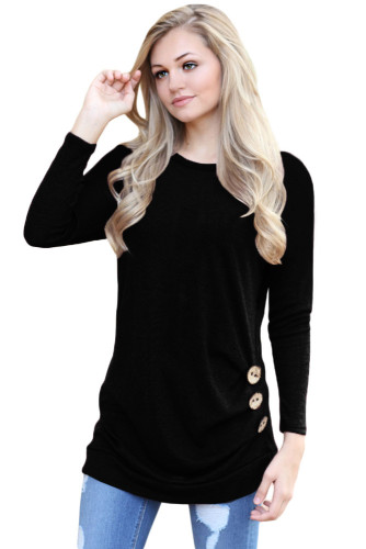 Black Buttoned Side Long Sleeve Spring Autumn Womens Top