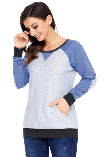 Blue Raglan Sleeve Patch Elbow Sweatshirt Top