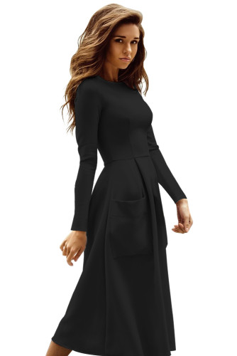 Black Bateau Collar Casual Big Pocket Skater Dress