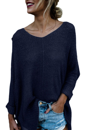 Navy Blue Oversized Knit High-low Slit Side Sweater