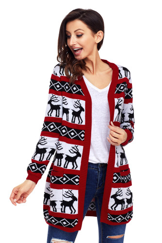 Red White Reindeer Geometric Christmas Cardigan