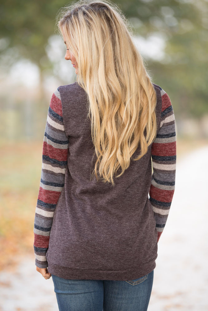 Multicolor Stripes Sleeve Pullover Mocha Sweatshirt