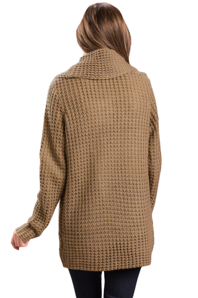 Khaki Buttoned Wrap Cowl Neck Sweater