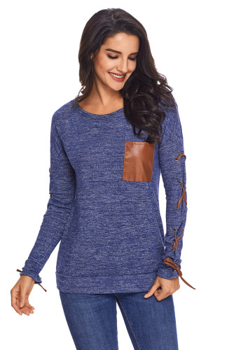 Blue Lace up Sleeve Front Pocket Womens Casual Sweatshirt