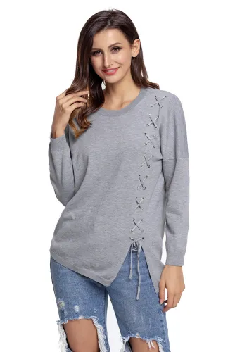 Grey Lace Up Side Lightweight Sweater