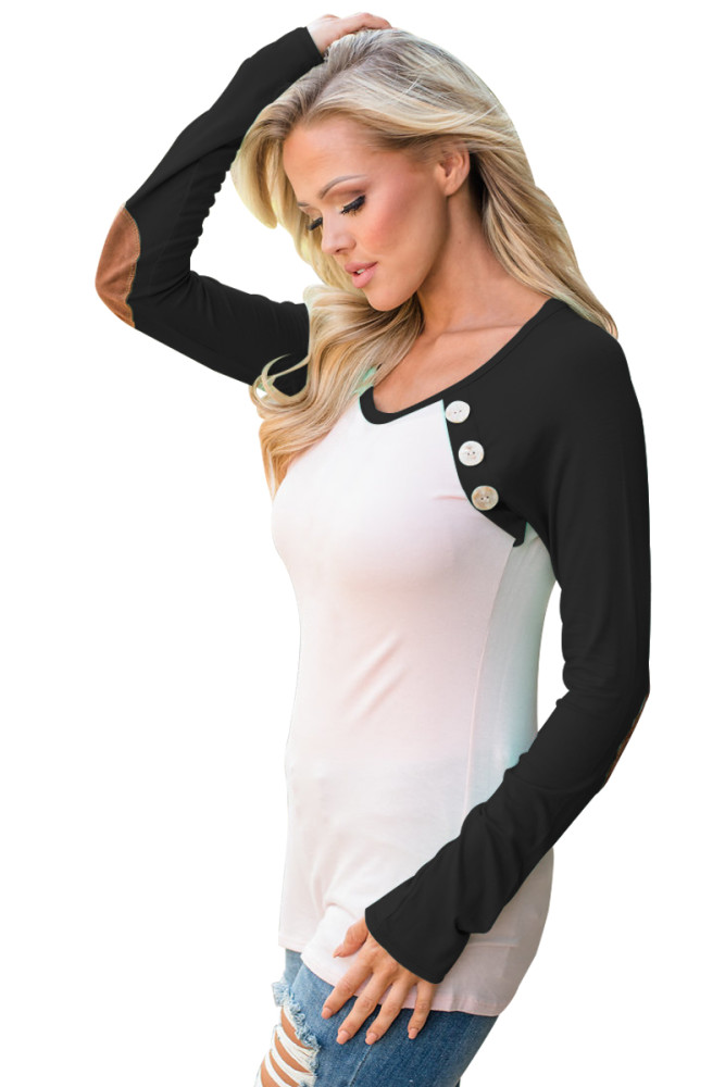 Black Raglan Sleeve Elbow Patch and Buttons Top