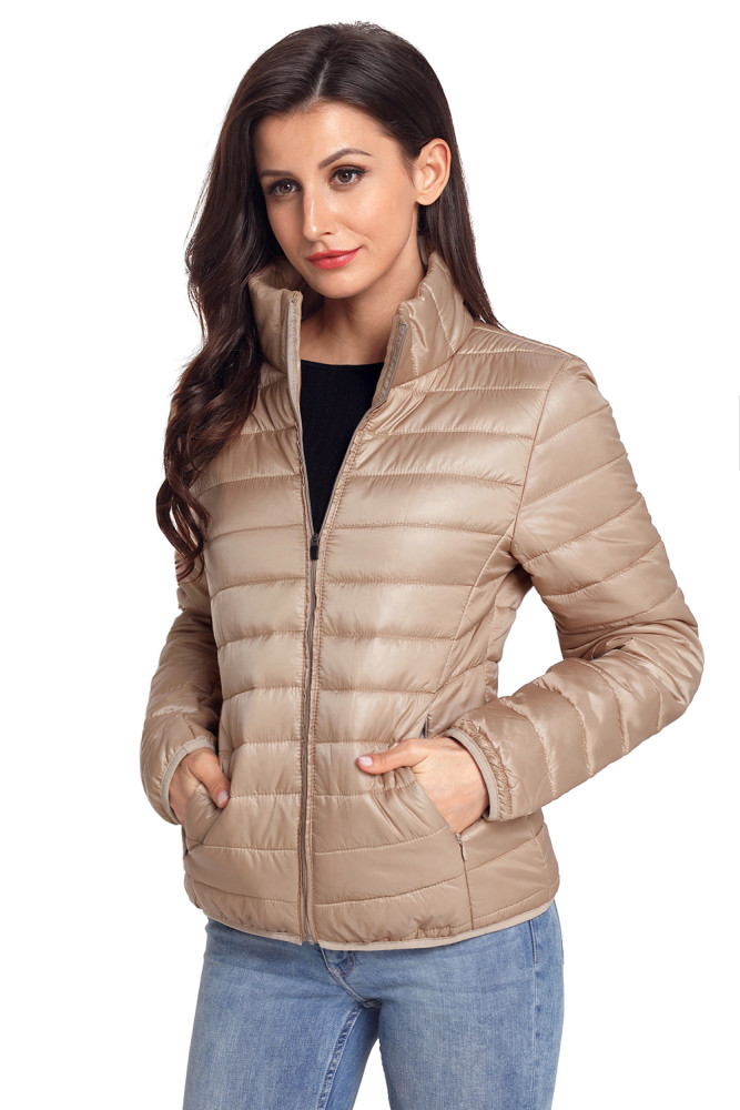 Khaki High Neck Quilted Cotton Jacket