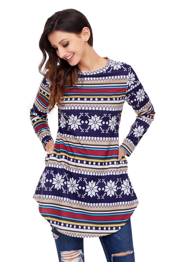 Navy Geometric Stripes Christmas Snowflake Blouse