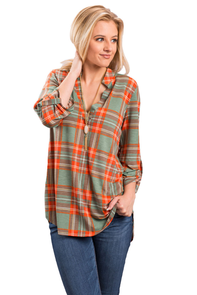 Orange Grassy Plaid Long Sleeve Preppy Blouse