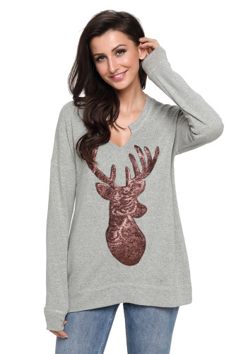 Gray Womens Sequin Christmas Reindeer Top
