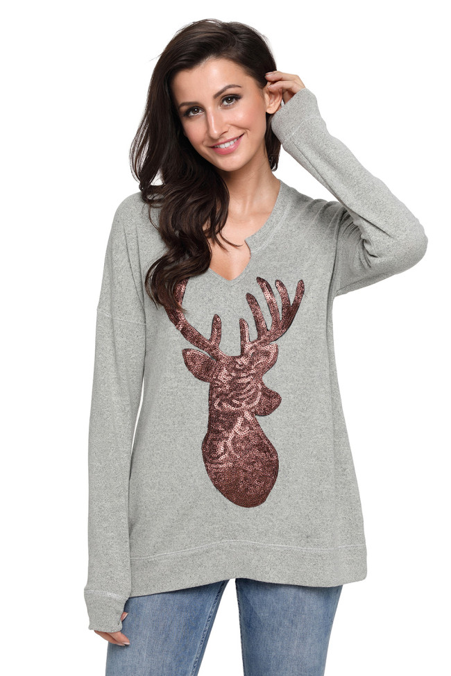 Gray Womens Sequin Christmas Reindeer Top