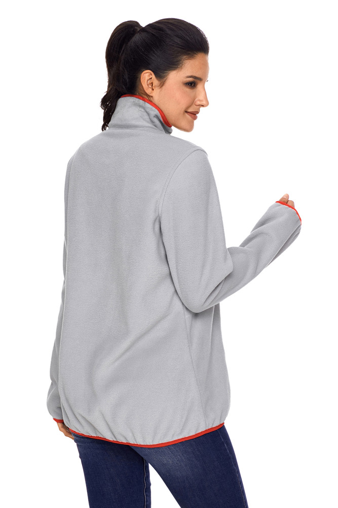 Orange Stand Collar Buttons Fleece Pullover Top