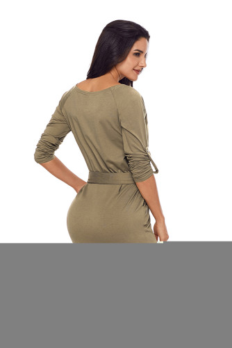 Olive Roll-tab Long Sleeve Tie Waist Midi Dress