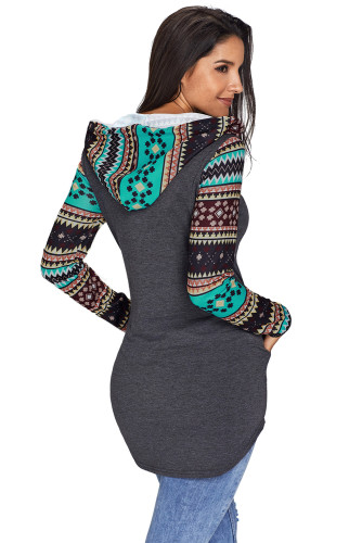 Green Christmas Suede Deer Patch Aztec Sleeve Pocket Hoodie